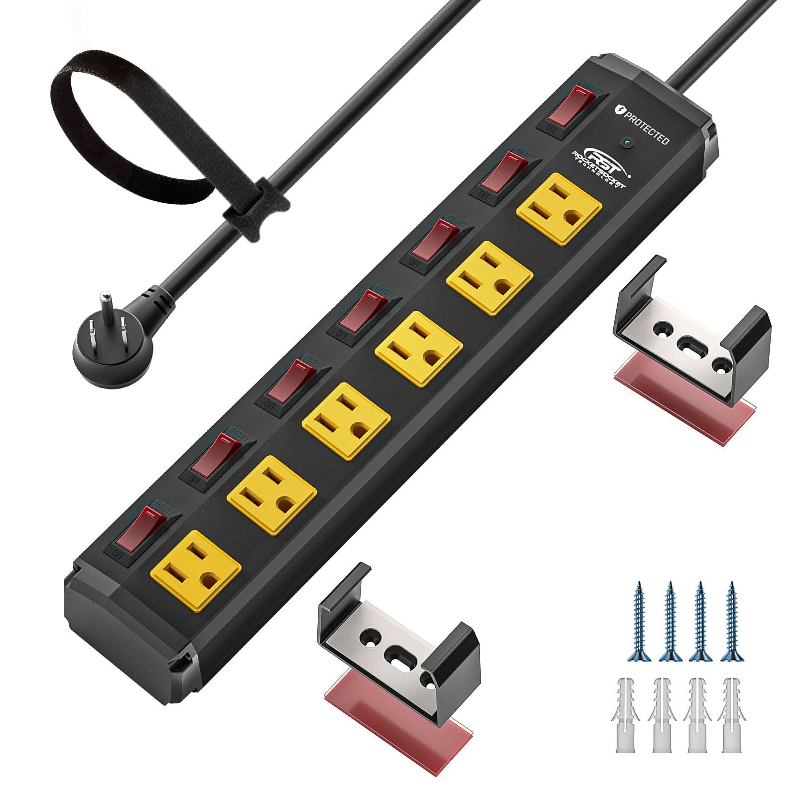 CRST 6 Outlets Individual Switches Mountable Metal Power Strip Surge Protector, 6FT Flat Plug Power Cord - Clear Quartz Market