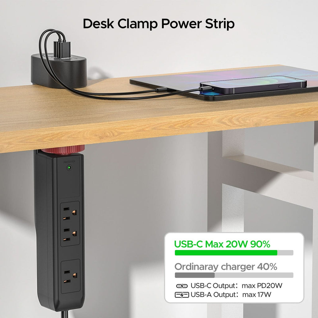 CRST Desk Clamp Surge Protector Power Strip with USB-C Port 6FT Extension Cord Flat Plug 1020J Protection Fits Tables Up to 2 Inches 36 Months Warranty