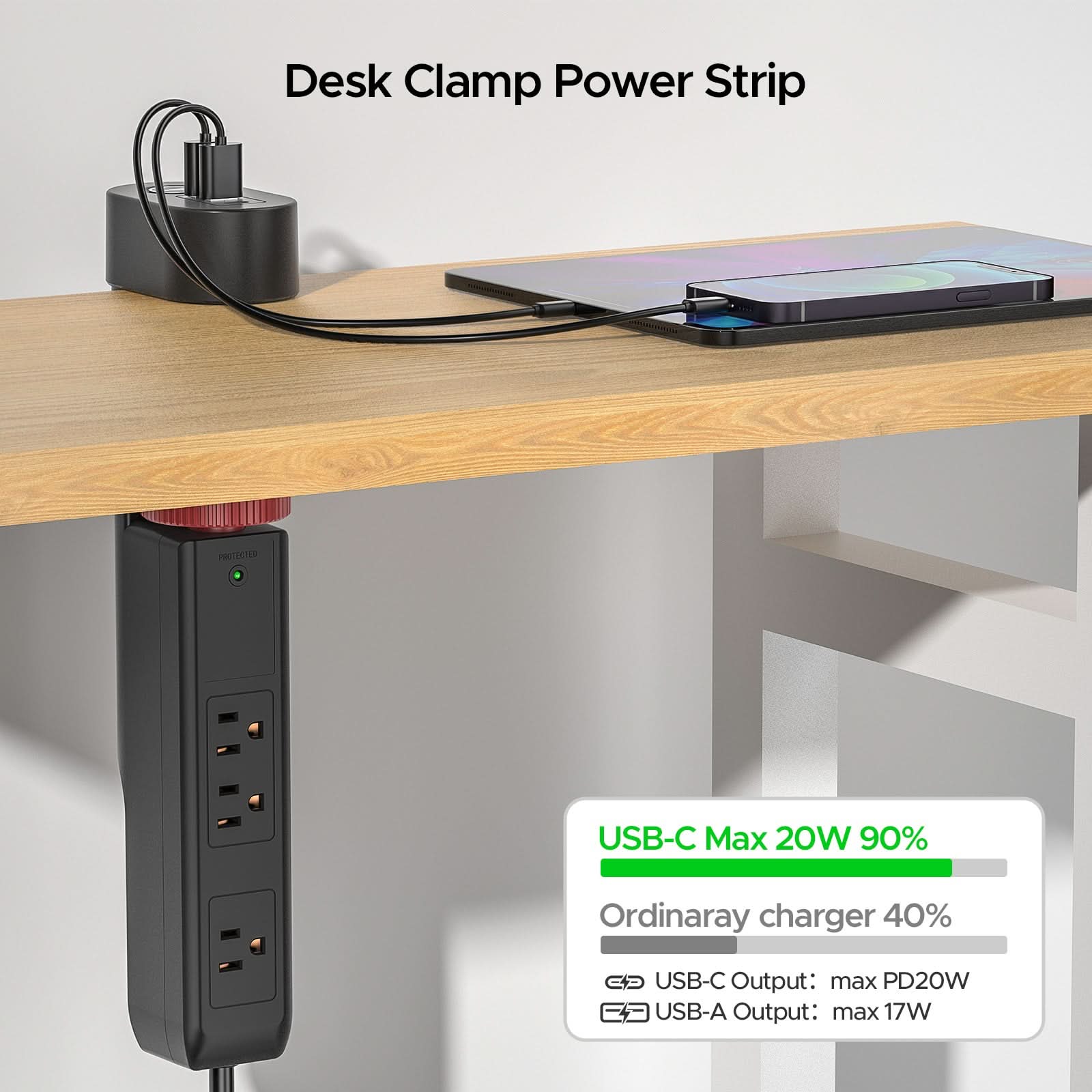 CRST Desk Clamp Surge Protector Power Strip with USB-C Port 6FT Extension Cord Flat Plug 1020J Protection Fits Tables Up to 2 Inches 36 Months Warranty