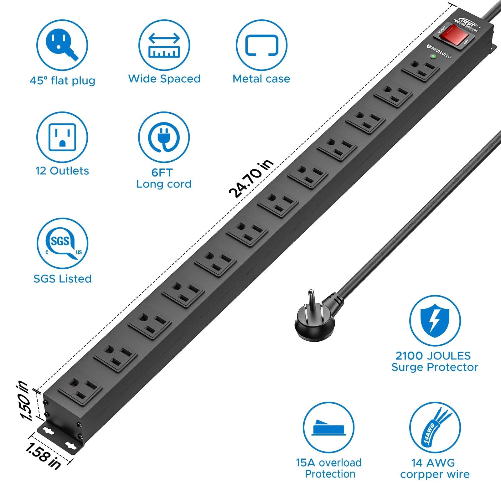 CRST 12 Outlets Wide Spaced Mountable Metal Long Power Strip Surge Protector, Flat Plug Power Cord, 36 Months Warranty - Clear Quartz Market