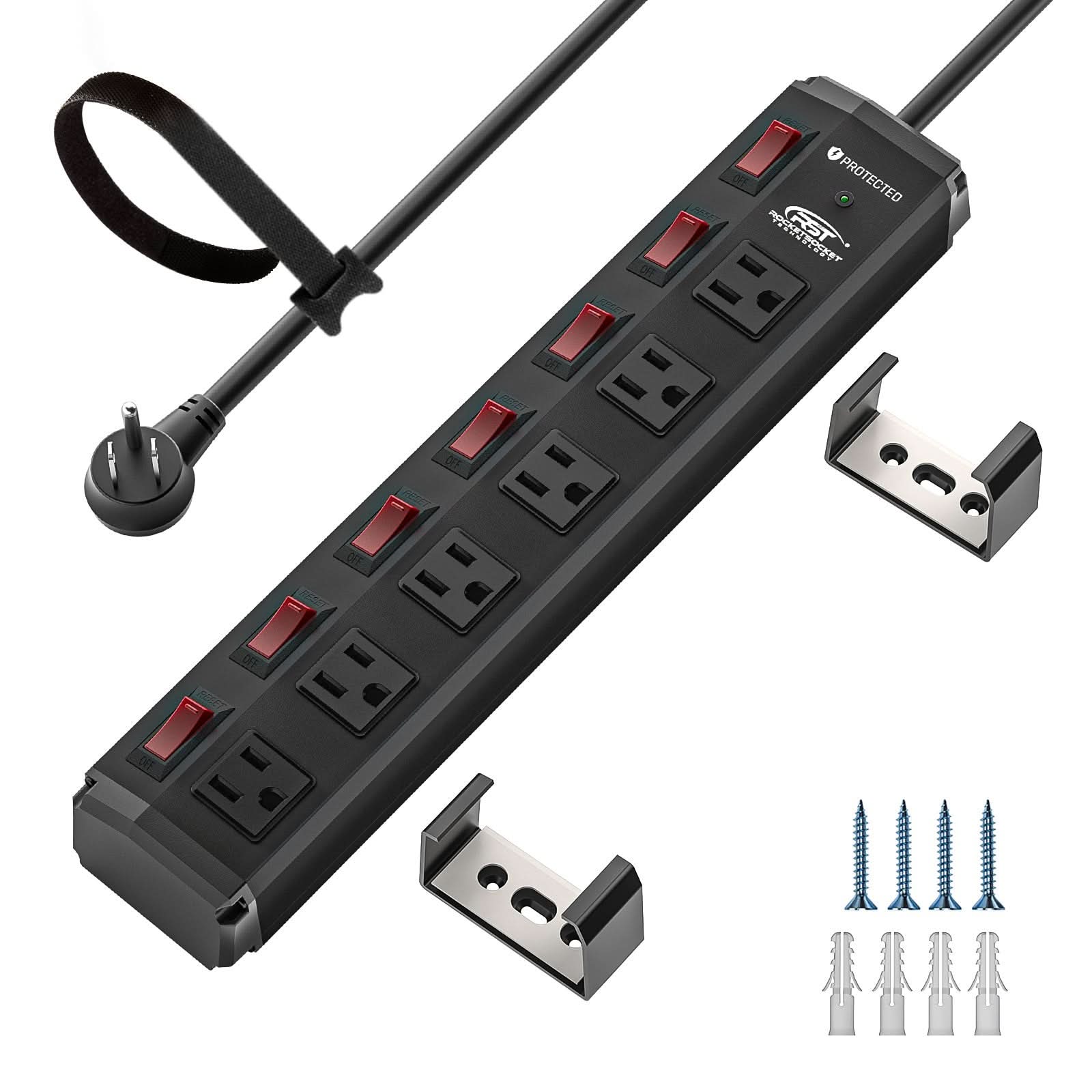 CRST 6 Outlets Individual Switches Mountable Metal Power Strip Surge Protector, 6FT Flat Plug Power Cord - Clear Quartz Market