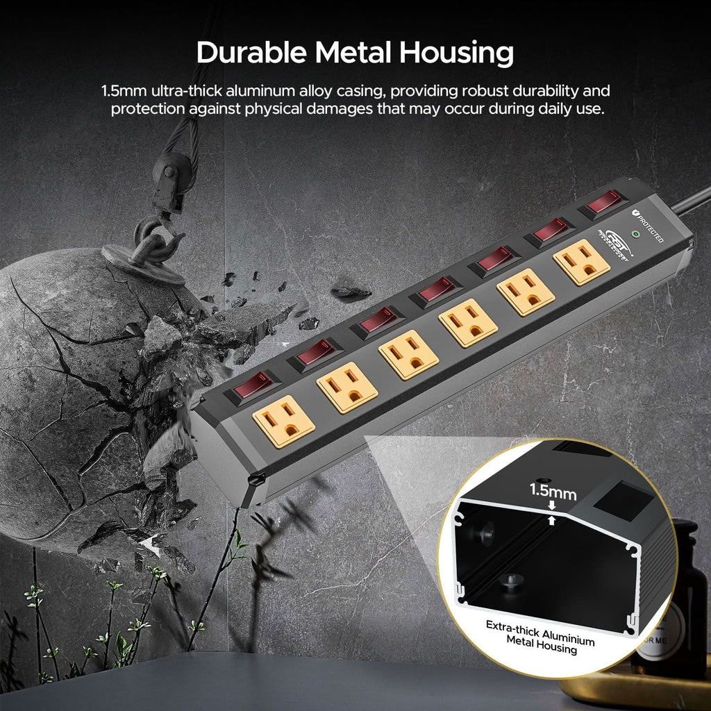 CRST 6 Outlets Individual Switches Mountable Metal Power Strip Surge Protector, 6FT Flat Plug Power Cord - Clear Quartz Market