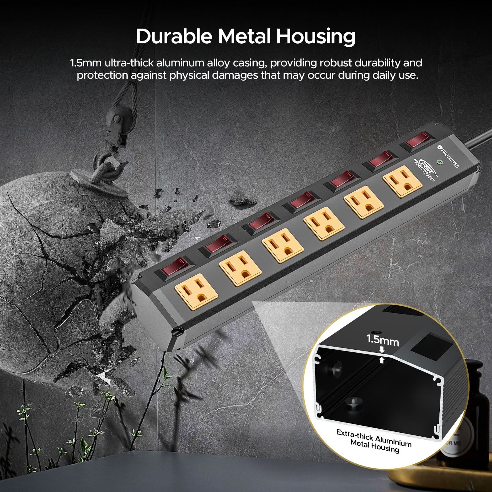 CRST 6 Outlets Individual Switches Mountable Metal Power Strip Surge Protector, 6FT Flat Plug Power Cord - Clear Quartz Market