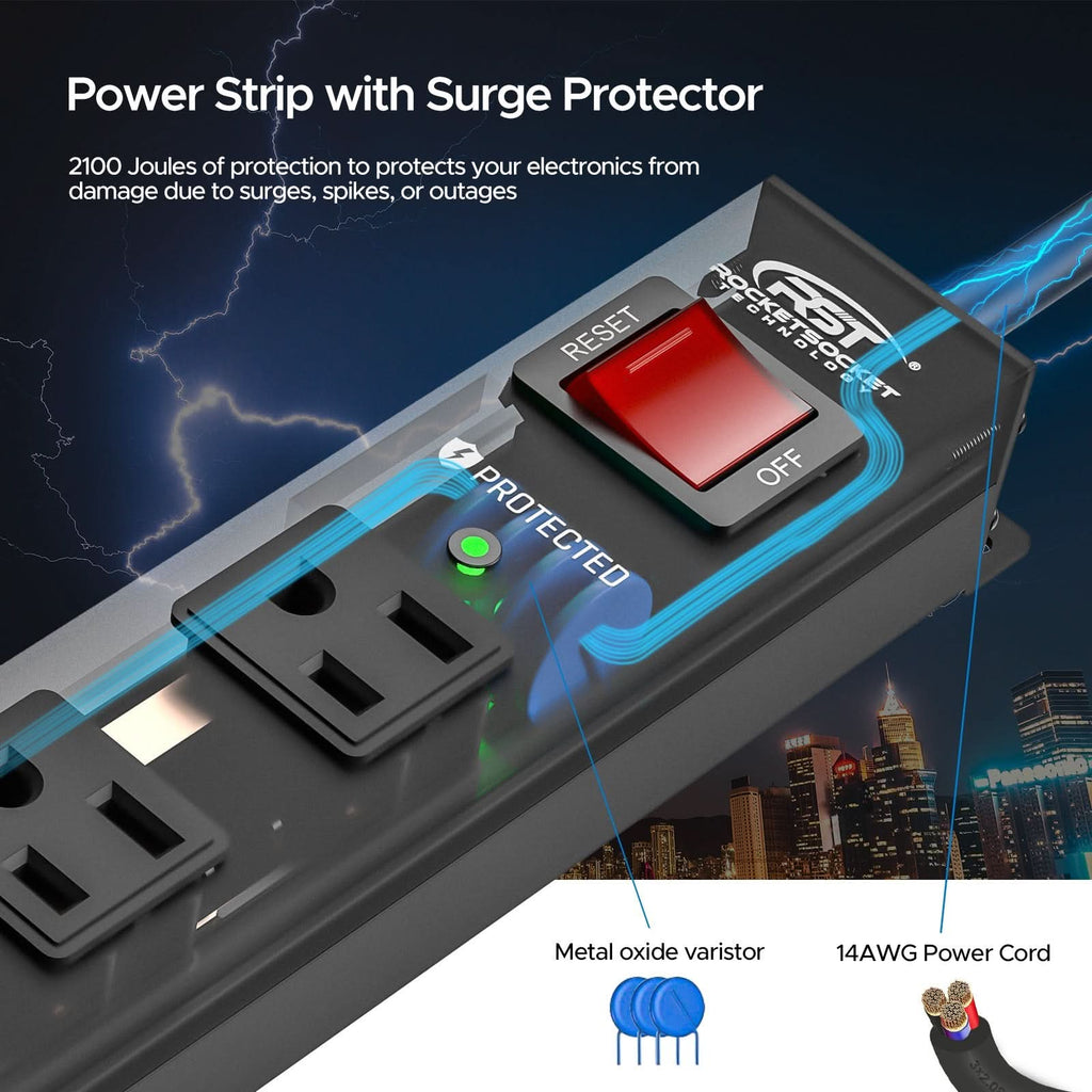 CRST 12 Outlets Wide Spaced Mountable Metal Long Power Strip Surge Protector, Flat Plug Power Cord, 36 Months Warranty - Clear Quartz Market