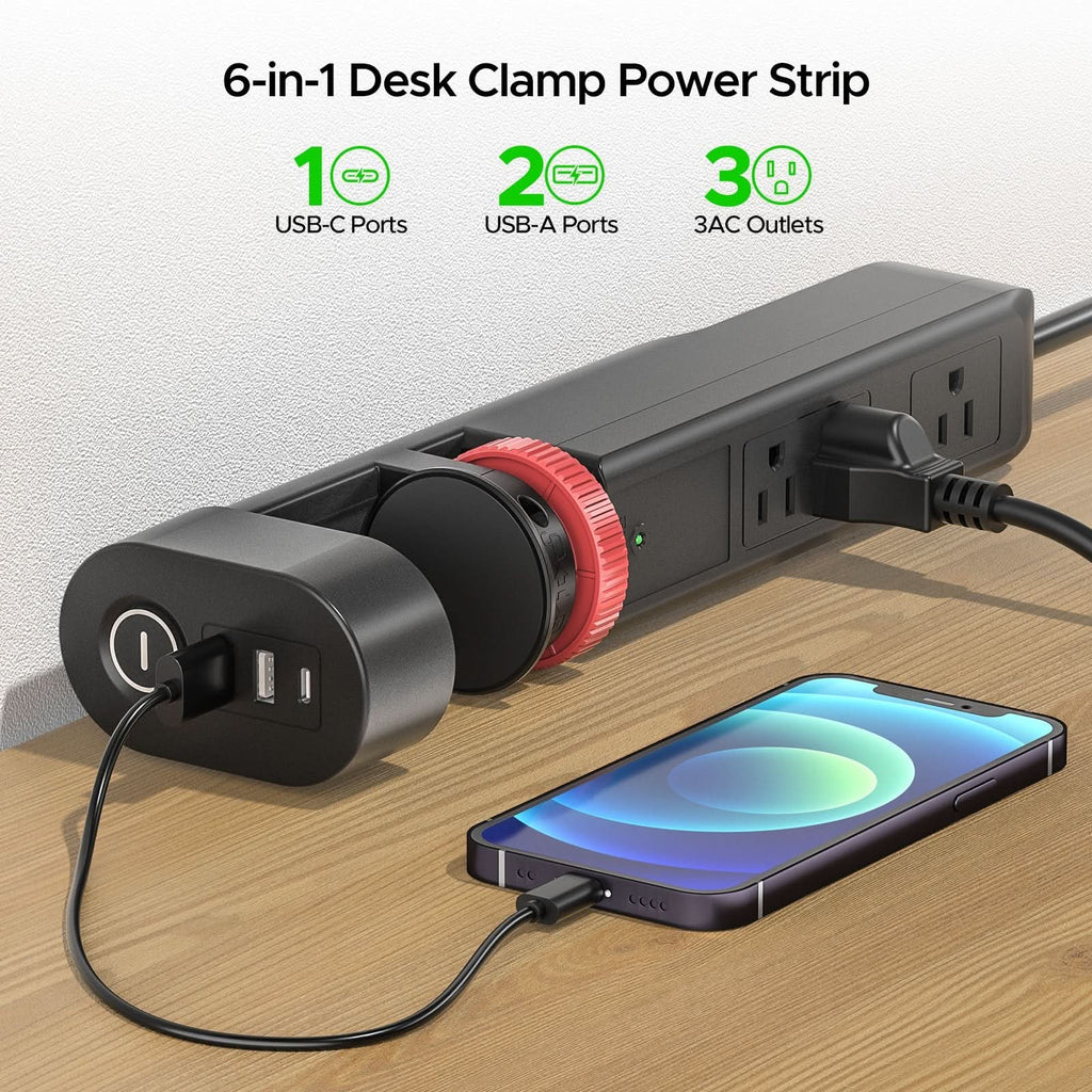 CRST Desk Clamp Surge Protector Power Strip with USB-C Port 6FT Extension Cord Flat Plug 1020J Protection Fits Tables Up to 2 Inches 36 Months Warranty