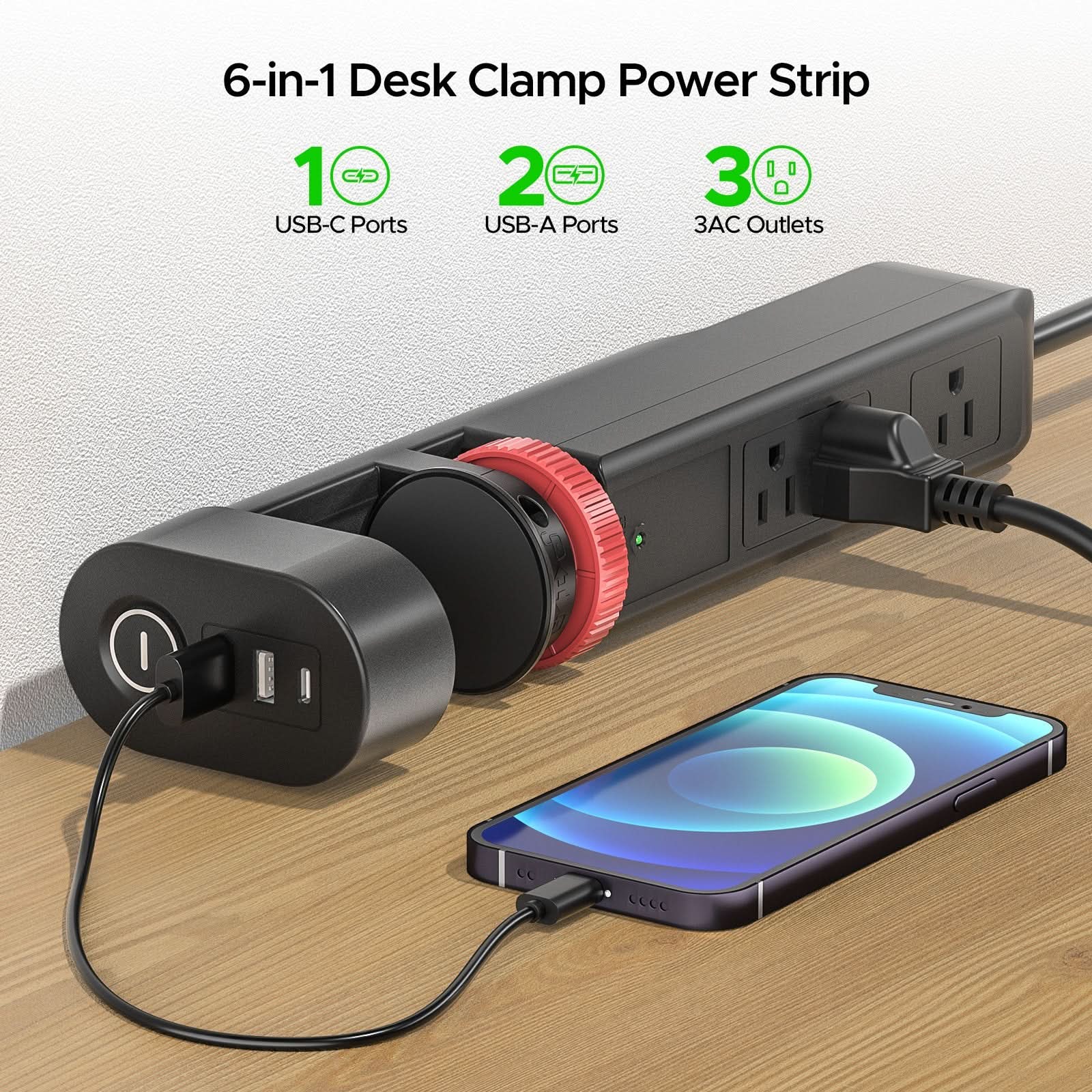 CRST Desk Clamp Surge Protector Power Strip with USB-C Port 6FT Extension Cord Flat Plug 1020J Protection Fits Tables Up to 2 Inches 36 Months Warranty