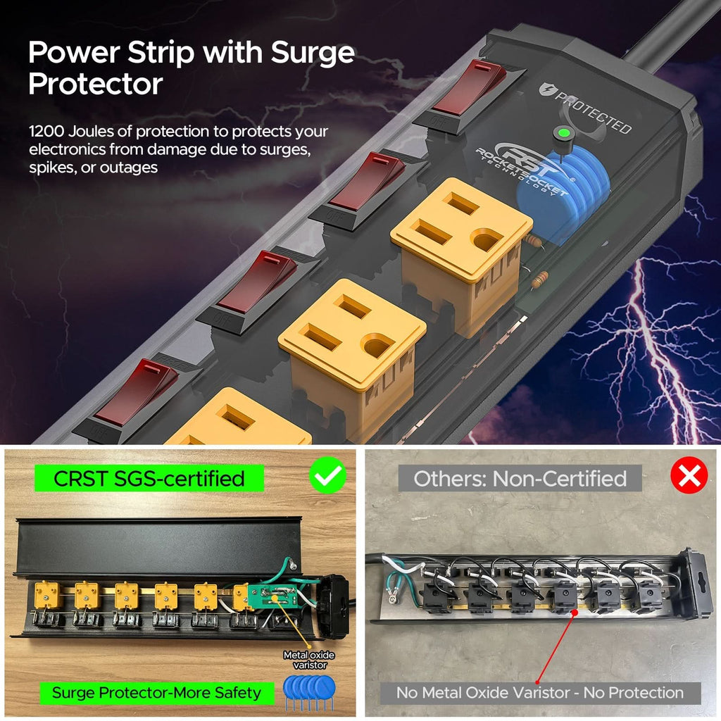 CRST 6 Outlets Individual Switches Mountable Metal Power Strip Surge Protector, 6FT Flat Plug Power Cord - Clear Quartz Market