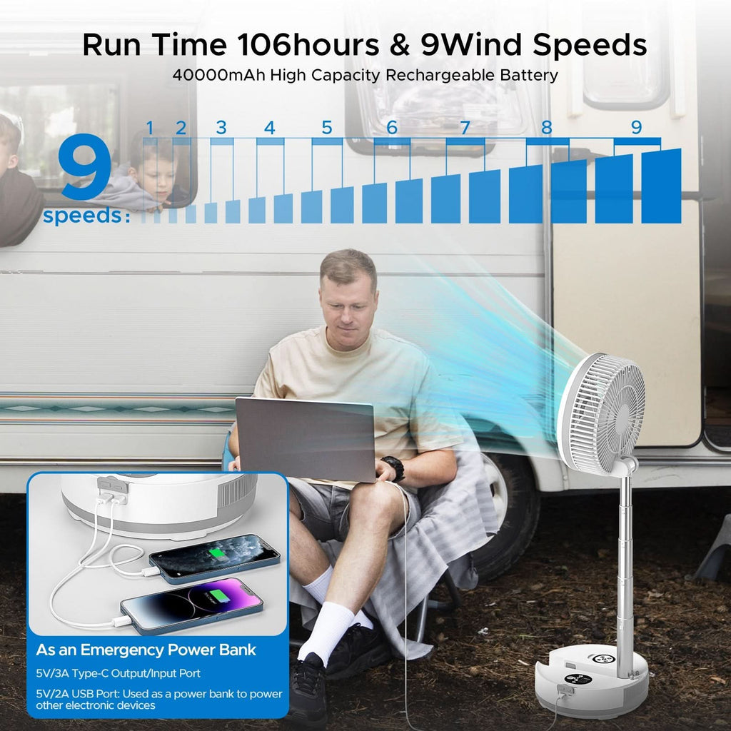 Neofeel Portable Oscillating Standing Fan, 40000mAh Rechargeable Battery Operated Fan with Remote/Timer, RGB Lighting Fan, Pedestal Floor Fan for Bedroom Party Camping (White, 40000mAh) - Clear Quartz Market