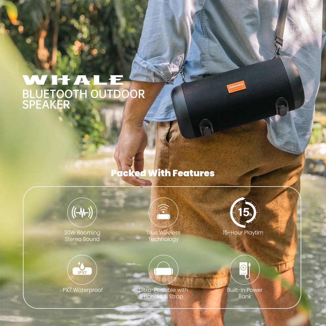 WHALE with Nylon Strap – Bluetooth IPX7 Waterproof Portable Outdoor Speaker with 30W Stereo Sound and USB Charge Out
