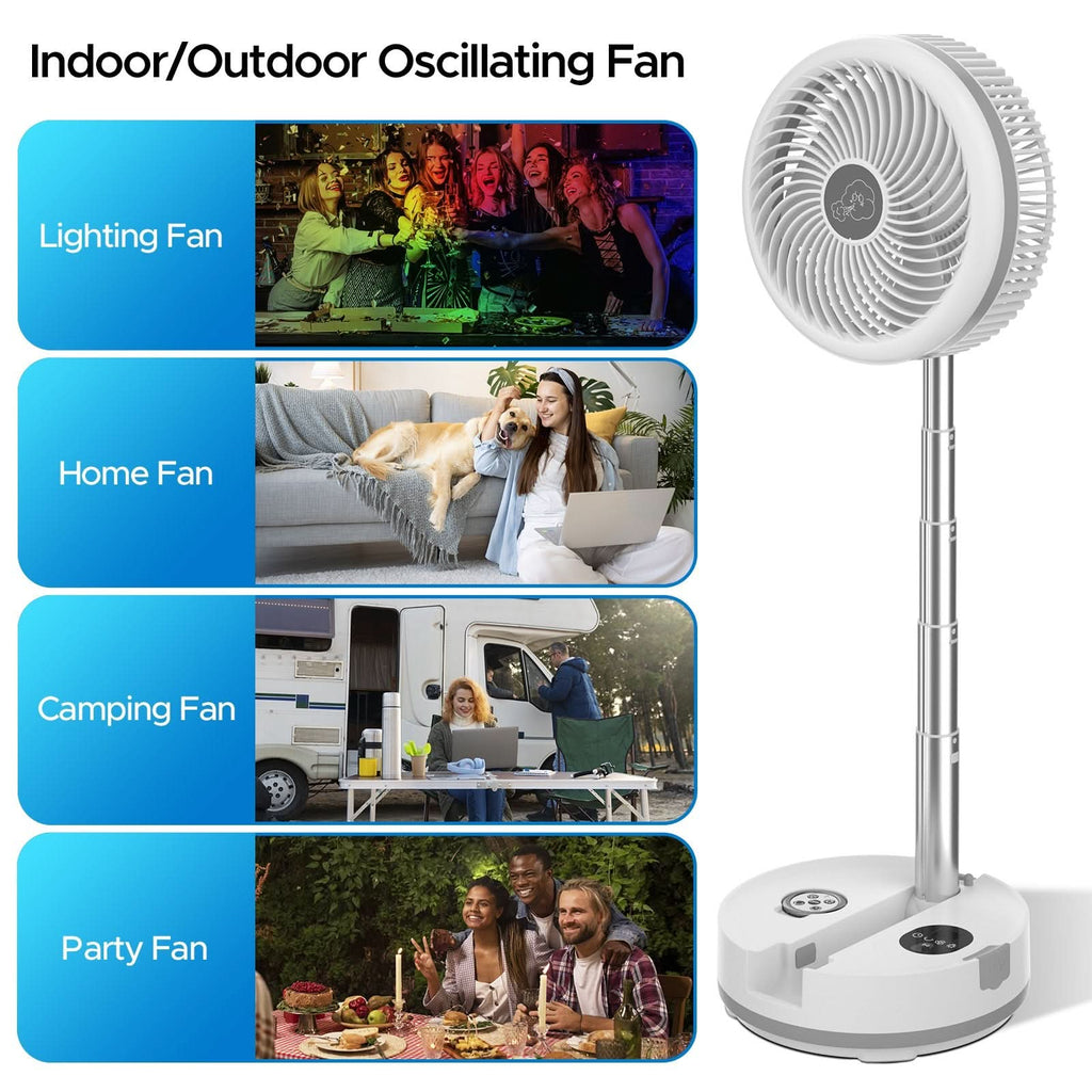 Neofeel Portable Oscillating Standing Fan, 40000mAh Rechargeable Battery Operated Fan with Remote/Timer, RGB Lighting Fan, Pedestal Floor Fan for Bedroom Party Camping (White, 40000mAh) - Clear Quartz Market