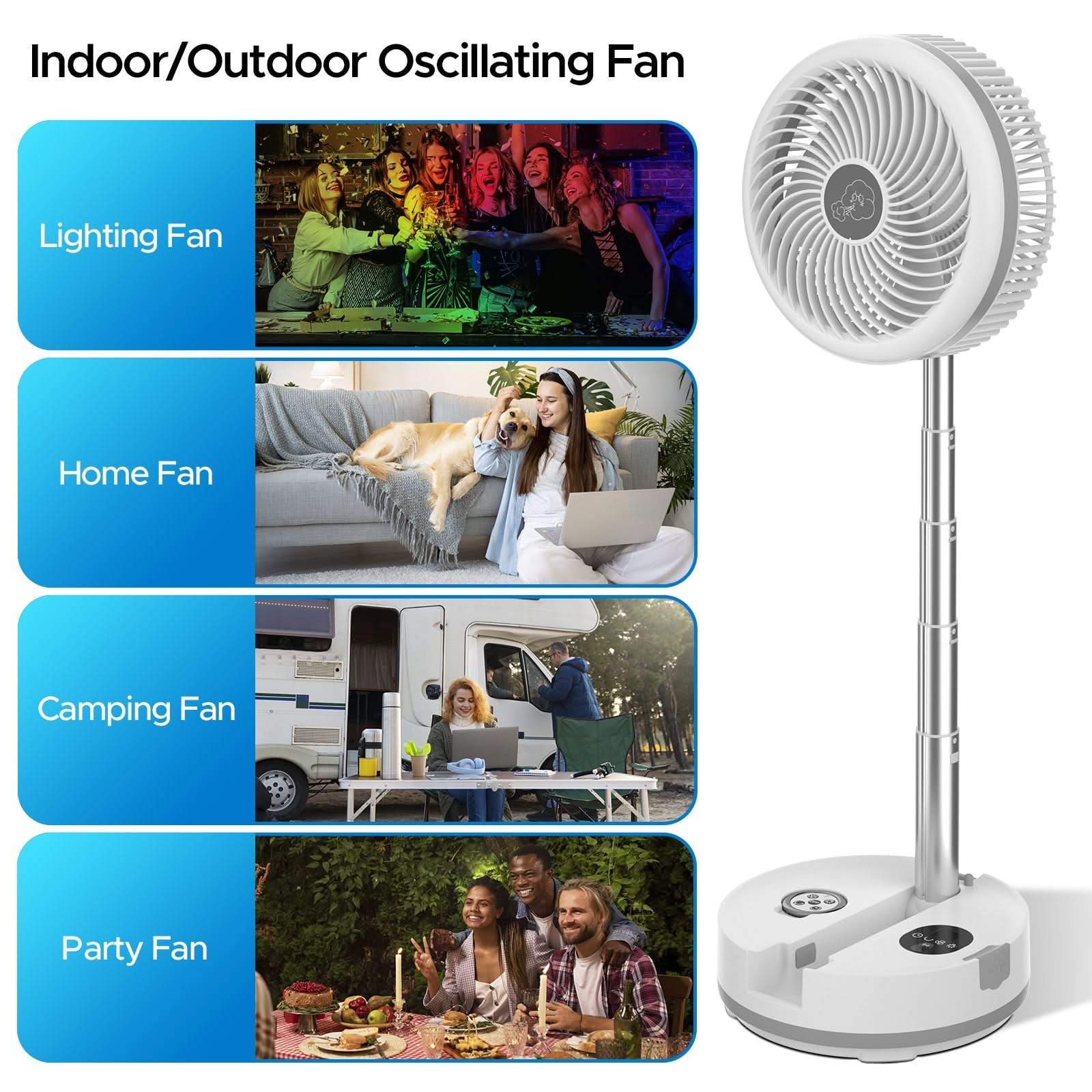 Neofeel Portable Oscillating Standing Fan, 40000mAh Rechargeable Battery Operated Fan with Remote/Timer, RGB Lighting Fan, Pedestal Floor Fan for Bedroom Party Camping (White, 40000mAh) - Clear Quartz Market