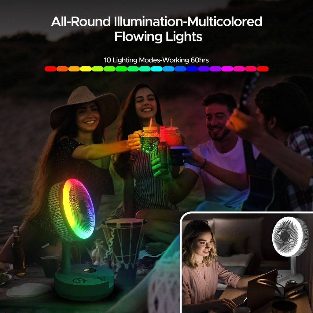 Neofeel Portable Oscillating Standing Fan, 40000mAh Rechargeable Battery Operated Fan with Remote/Timer, RGB Lighting Fan, Pedestal Floor Fan for Bedroom Party Camping (White, 40000mAh) - Clear Quartz Market