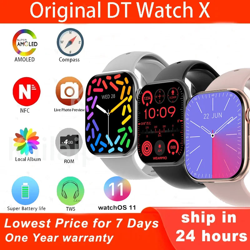 DT Watch Smart Watch X Series 10 AMOLED 46mm 4GB ROM TWS NFC Compass BT Call ChatGPT Sport Smartwatch Men Women For Android Ios