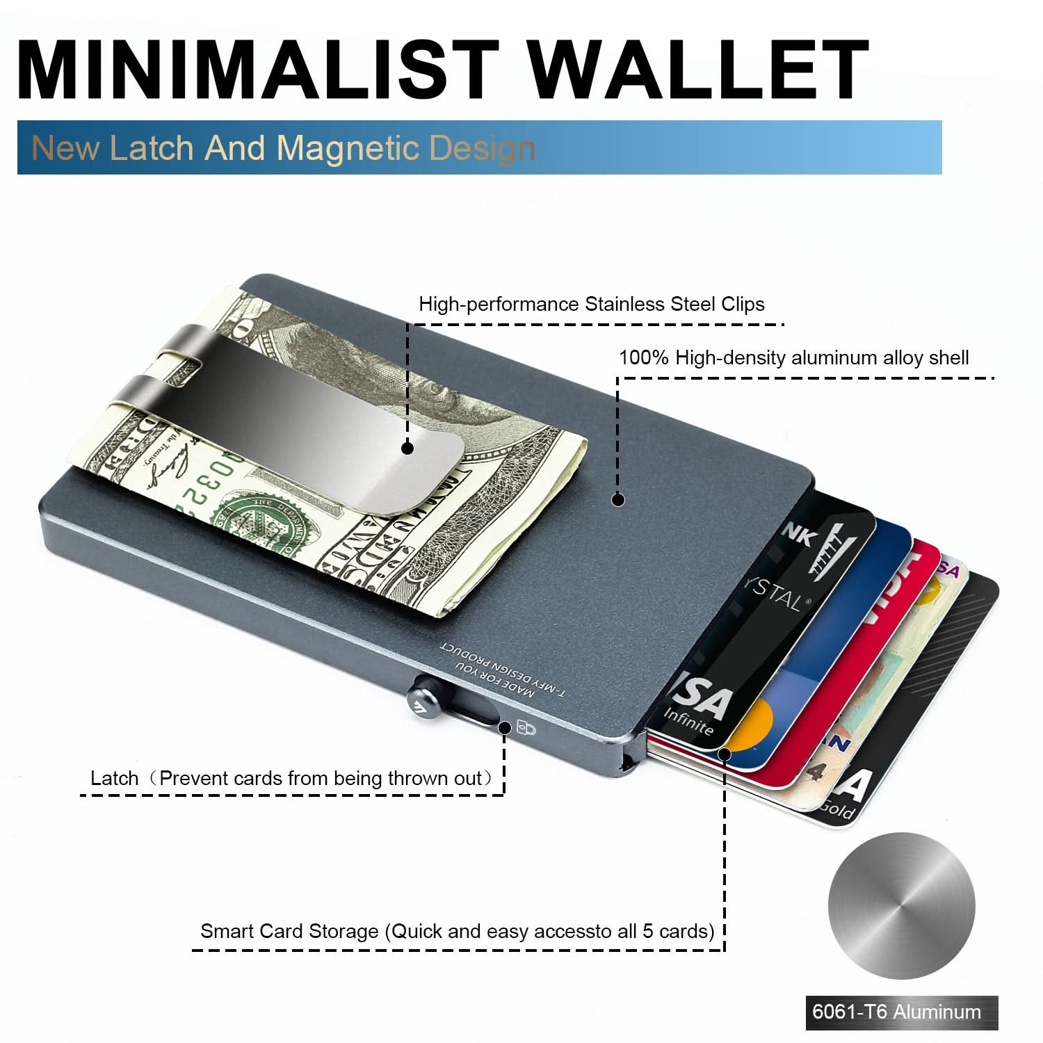 Minimalist Pop up Wallet with Money Clip, All Aluminum Slide Rfid Slim Card Holder - Clear Quartz Market