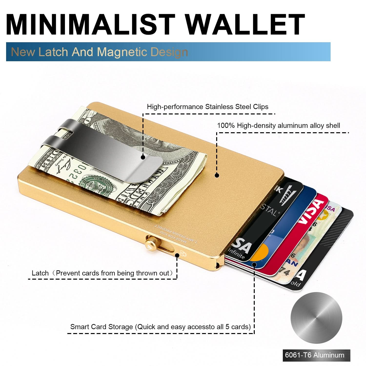Minimalist Pop up Wallet with Money Clip, All Aluminum Slide Rfid Slim Card Holder - Clear Quartz Market