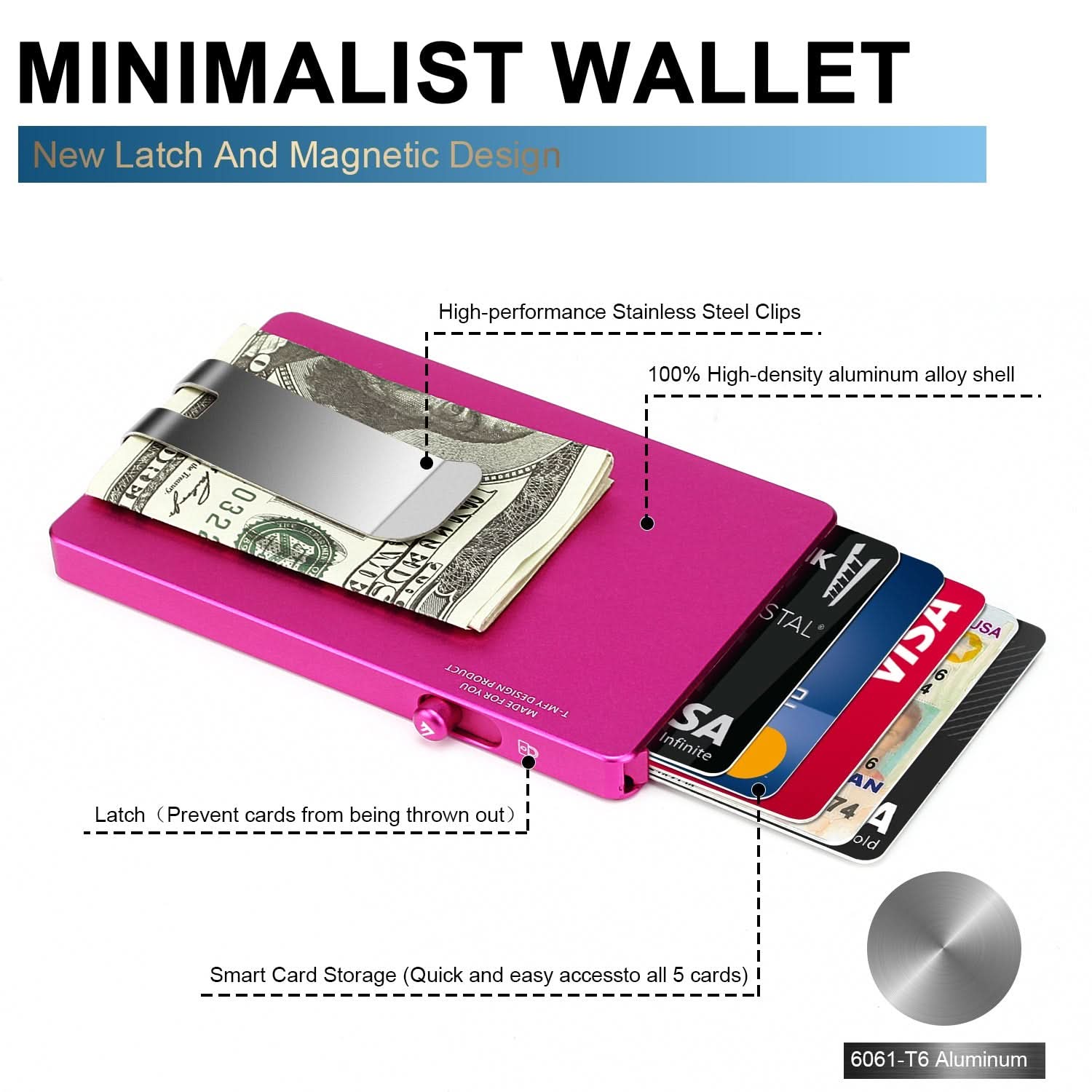Minimalist Pop up Wallet with Money Clip, All Aluminum Slide Rfid Slim Card Holder - Clear Quartz Market