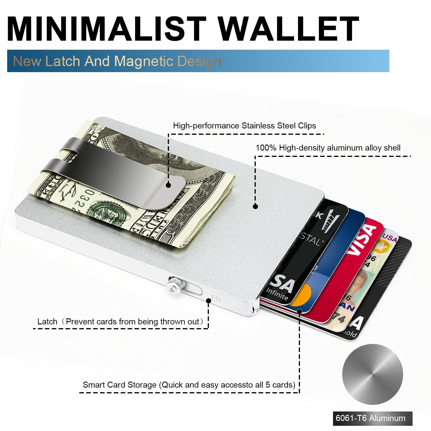 Minimalist Pop up Wallet with Money Clip, All Aluminum Slide Rfid Slim Card Holder - Clear Quartz Market