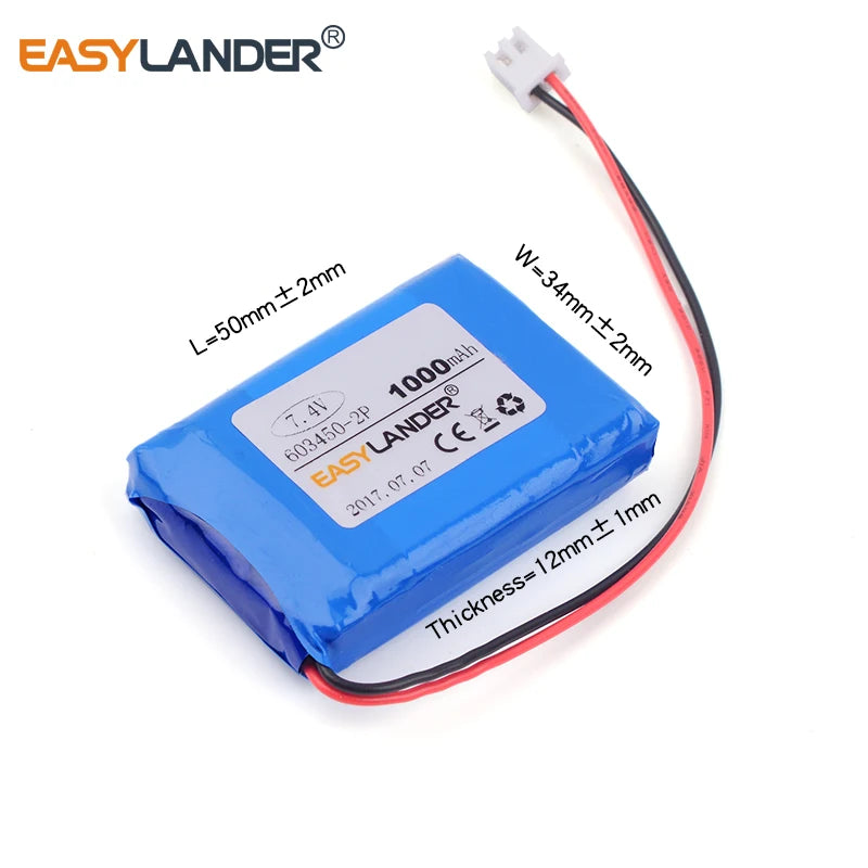 603450-2S1P 123450 7.4V 1000mAh Rechargeable Lithium Li-ion Li Polymer Battery For DVD GPS Speaker fishing lamp