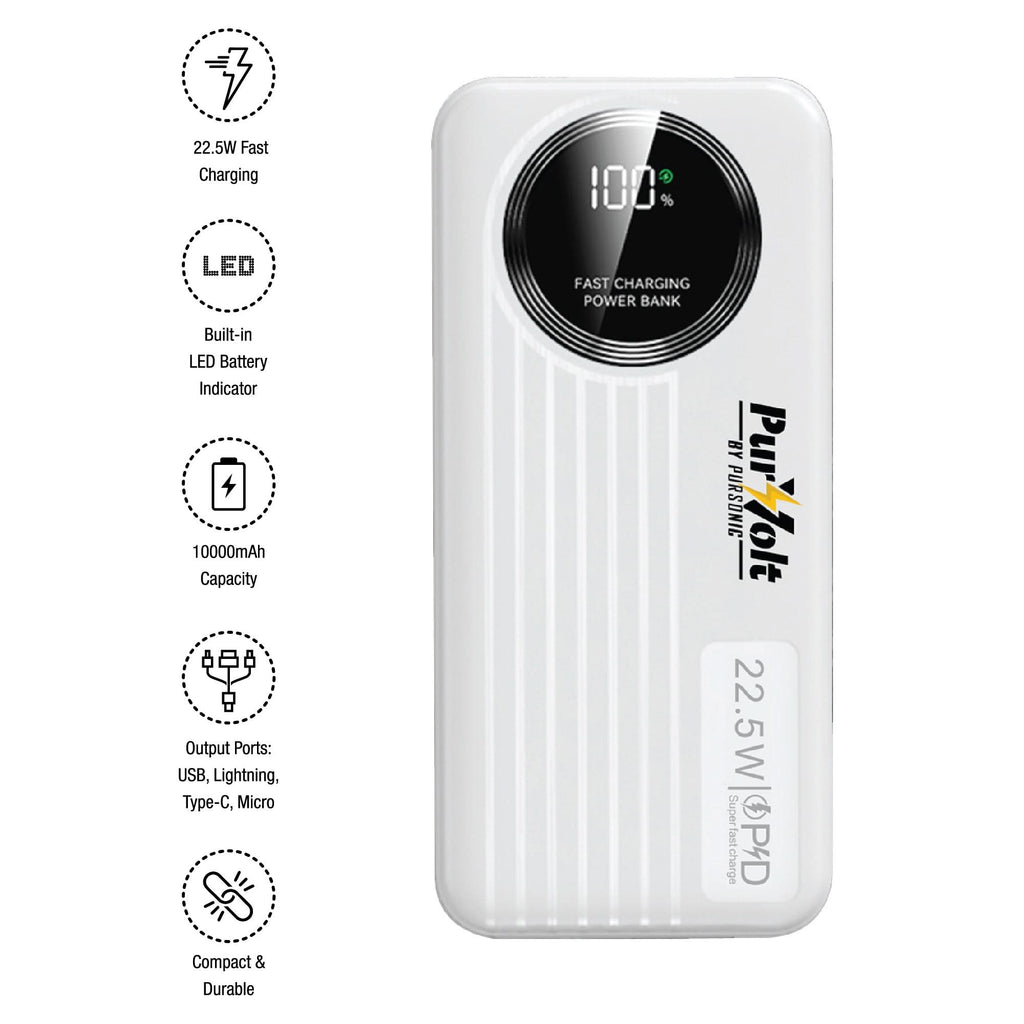 Pursonic 10,000mAh LED Fast Charging Power Bank – Built-in Cables, 22.5W Output, Type-C/USB/Lightning Compatibility - Clear Quartz Market