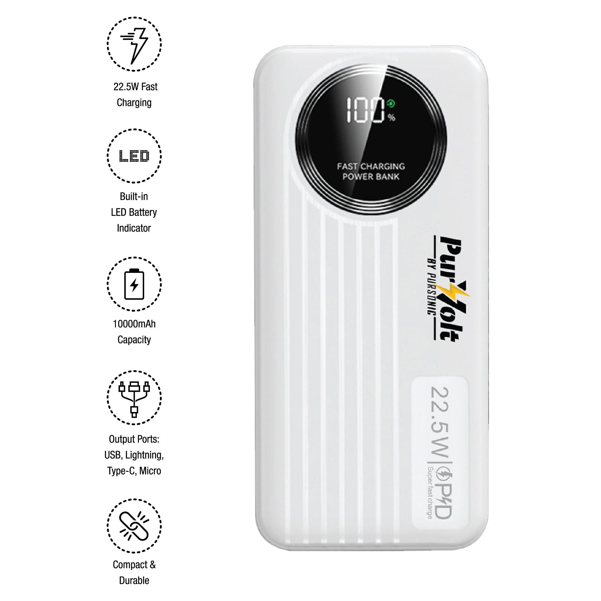 Pursonic 10,000mAh LED Fast Charging Power Bank – Built-in Cables, 22.5W Output, Type-C/USB/Lightning Compatibility - Clear Quartz Market