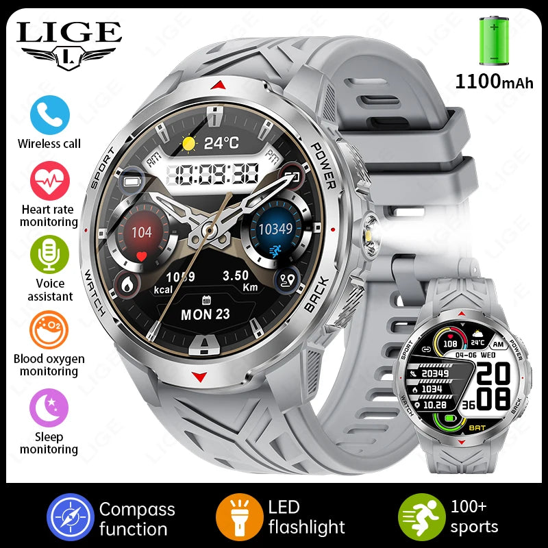 LIGE 1.7“ HD Screen LED Flashlight Outdoor Sports Smart Watch 2025 New 1100mAh Battery Compass 3ATM Waterproof SmartWatch Men