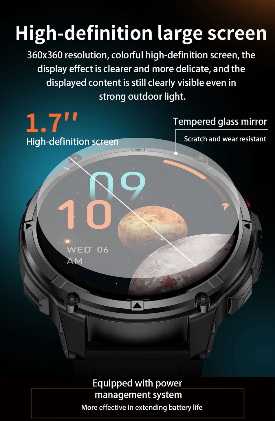 1100mAh Battery Smart Watch 1.7 Inch 360*360 AMOLED HD Screen Men Watch Compass 1ATM Waterproof Bluetooth Call Sports Smartwatch