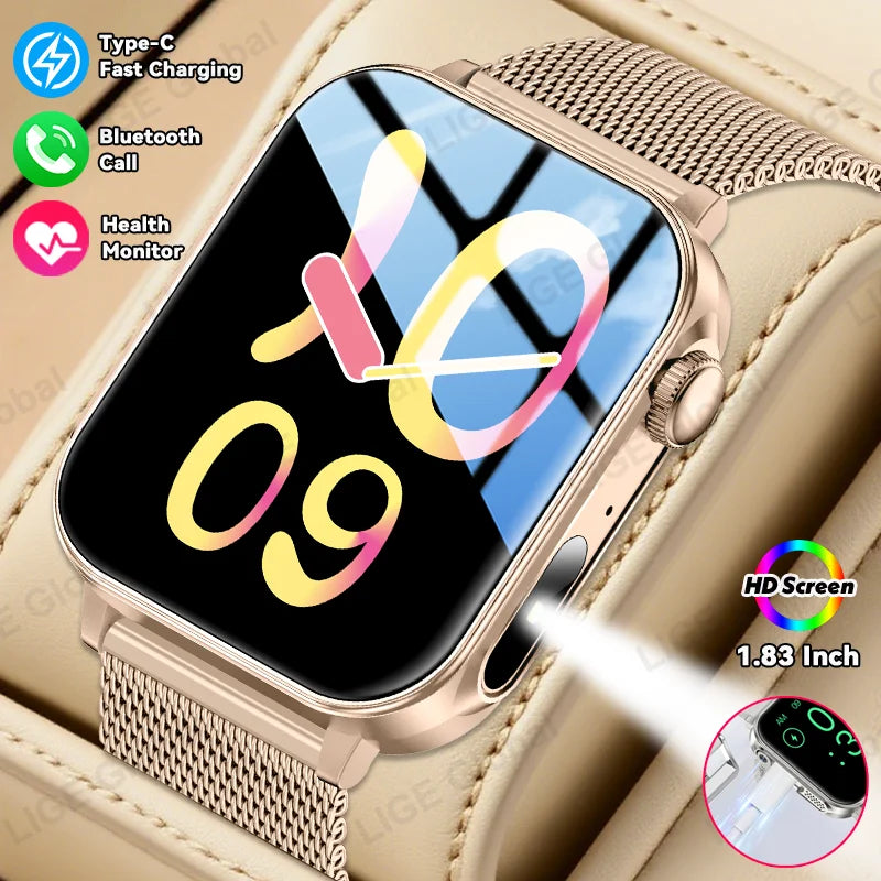LIGE Type-C Smartwatch Men Women Health Manager Bluetooth Call Waterproof Sports Flashlight Smart Watch For Android iOS Phone