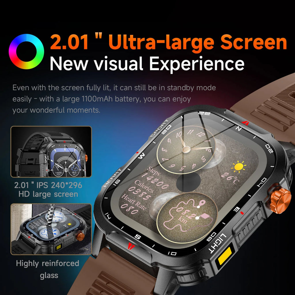 2025 Global Hiking Smartwatch 2.01''Screen 1100mAh Battery LED Light Compass IP68 Voice Assistant Outdoor Sport  Fitness Watch