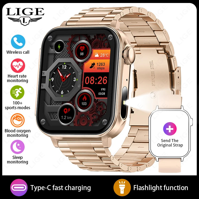LIGE Type-C Smartwatch Men Women Health Manager Bluetooth Call Waterproof Sports Flashlight Smart Watch For Android iOS Phone