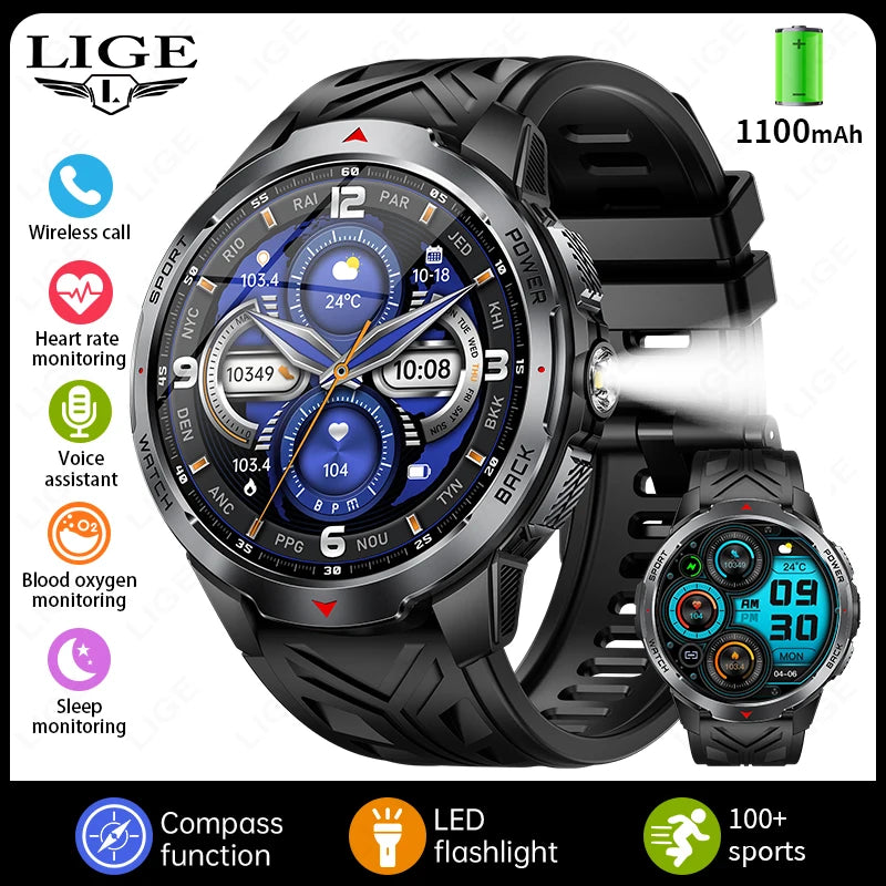LIGE 1.7“ HD Screen LED Flashlight Outdoor Sports Smart Watch 2025 New 1100mAh Battery Compass 3ATM Waterproof SmartWatch Men