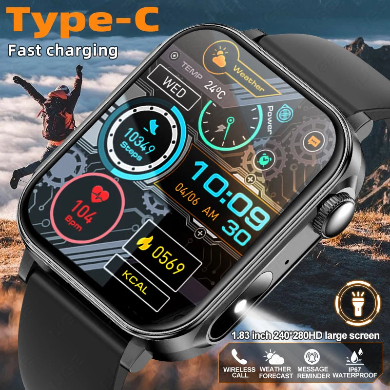 LIGE Type-C Fast Charging Smart Watch Men Women Bluetooth Call Watches LED Flashlight Waterproof Sports Fitness Smartwatch 2025 - Clear Quartz Market