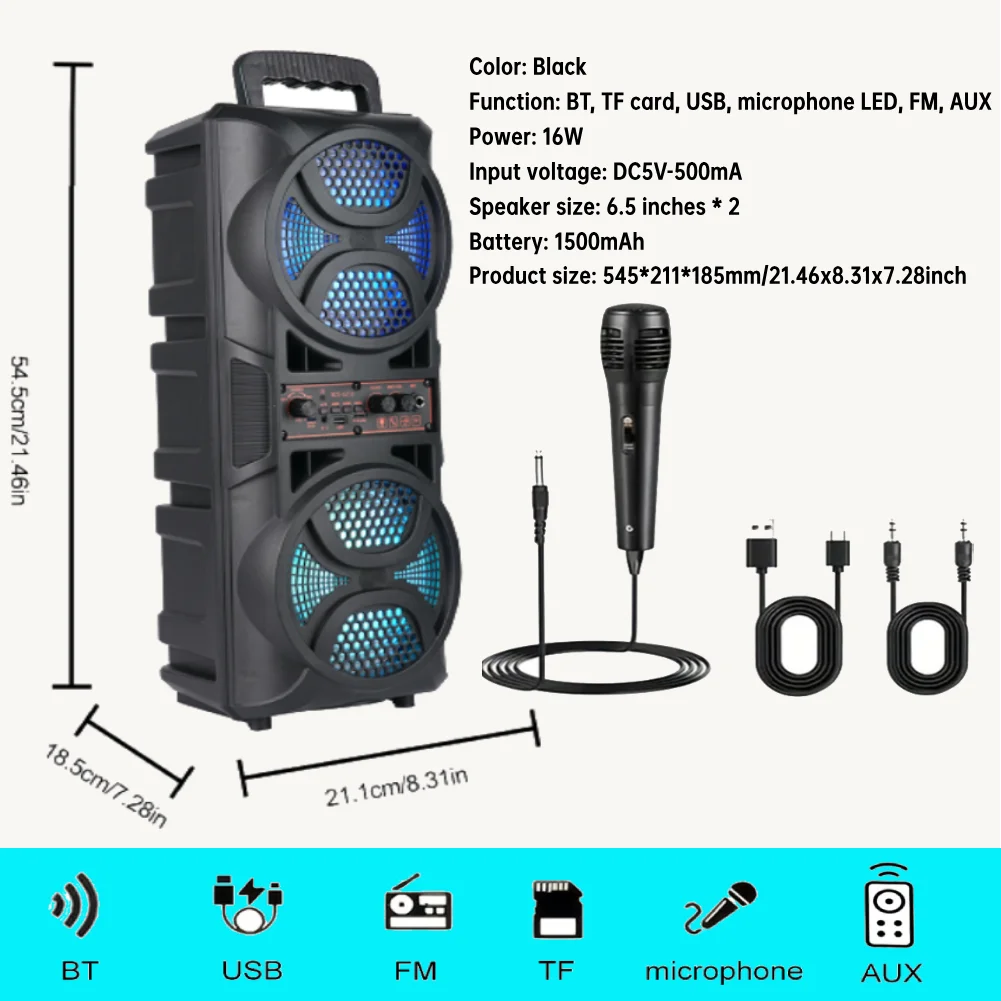 BT Speaker Portable Speaker with 6.5in Subwoofer Deep Bass LED Lights Support USB/TF/AUX/FM/BT/MIC Long Playtime for BBQ Party