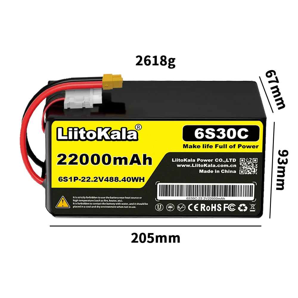 22.2V 50C 60C 80C 100C 6S 6000mAh 10000mAh 12000mAh 16000mAh Lithium Polymer Battery with XT60 X90 Plug, Suitable for Drones