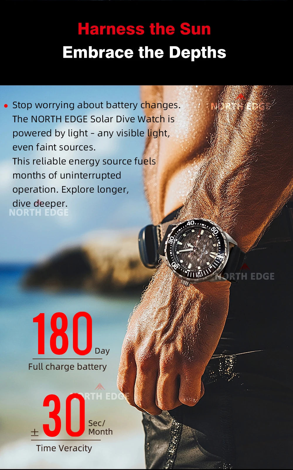 NORTH EDGE TRITON-Ti Solar Powered Dive Watch Titanium Alloy Case Men Luxury Quartz Watches For Men Waterproof 300M