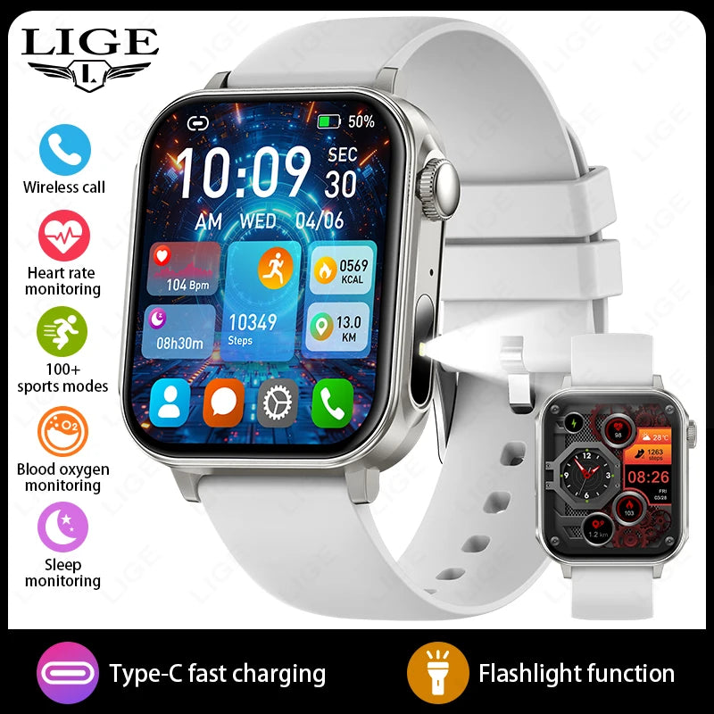 LIGE Type-C Smartwatch Men Women Health Manager Bluetooth Call Waterproof Sports Flashlight Smart Watch For Android iOS Phone
