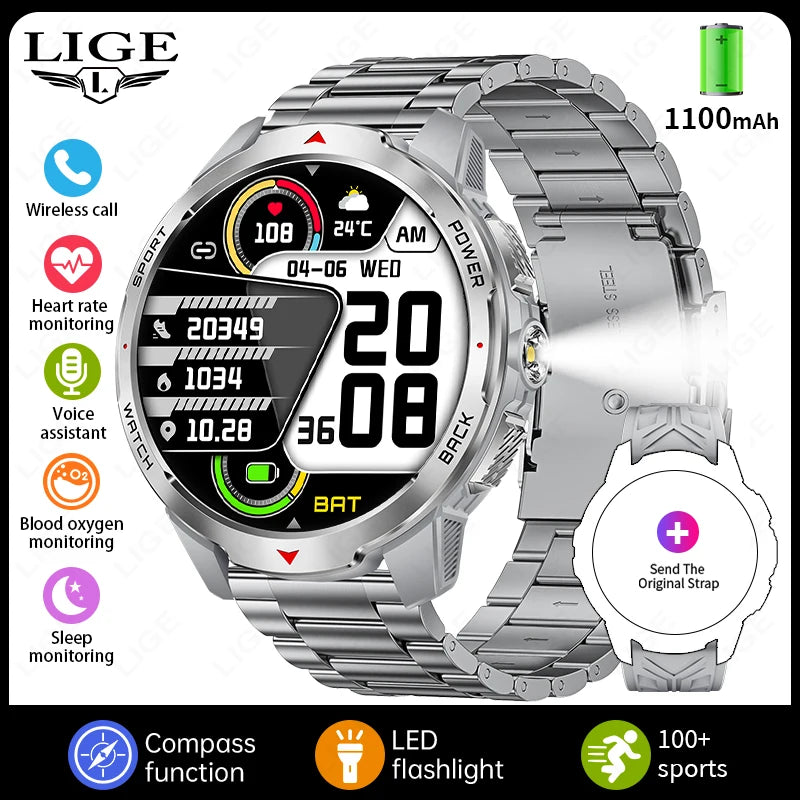 LIGE 1.7“ HD Screen LED Flashlight Outdoor Sports Smart Watch 2025 New 1100mAh Battery Compass 3ATM Waterproof SmartWatch Men