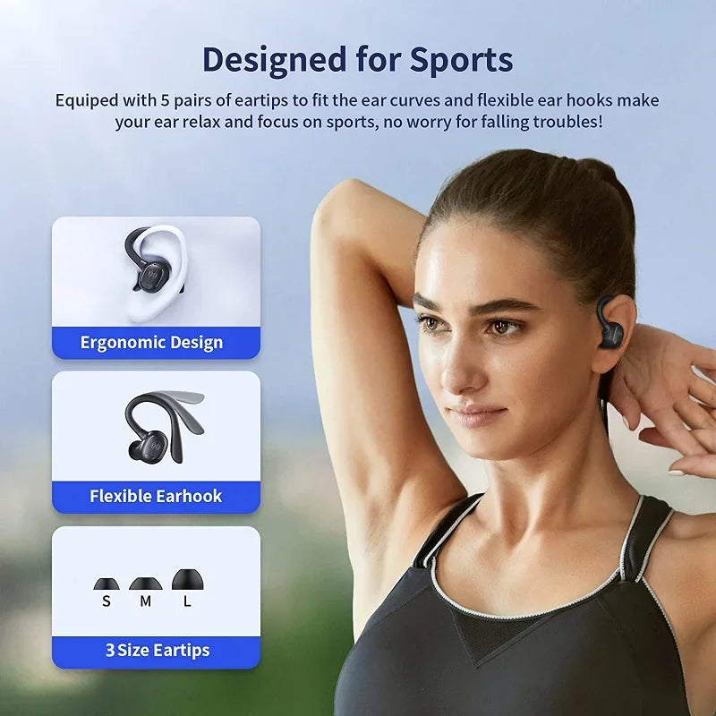 Sports Bluetooth 5.4 Earphones,True Wireless Headphones with Mic Touch Control,Noise Reduction Earhooks Waterproof TWS Earbuds