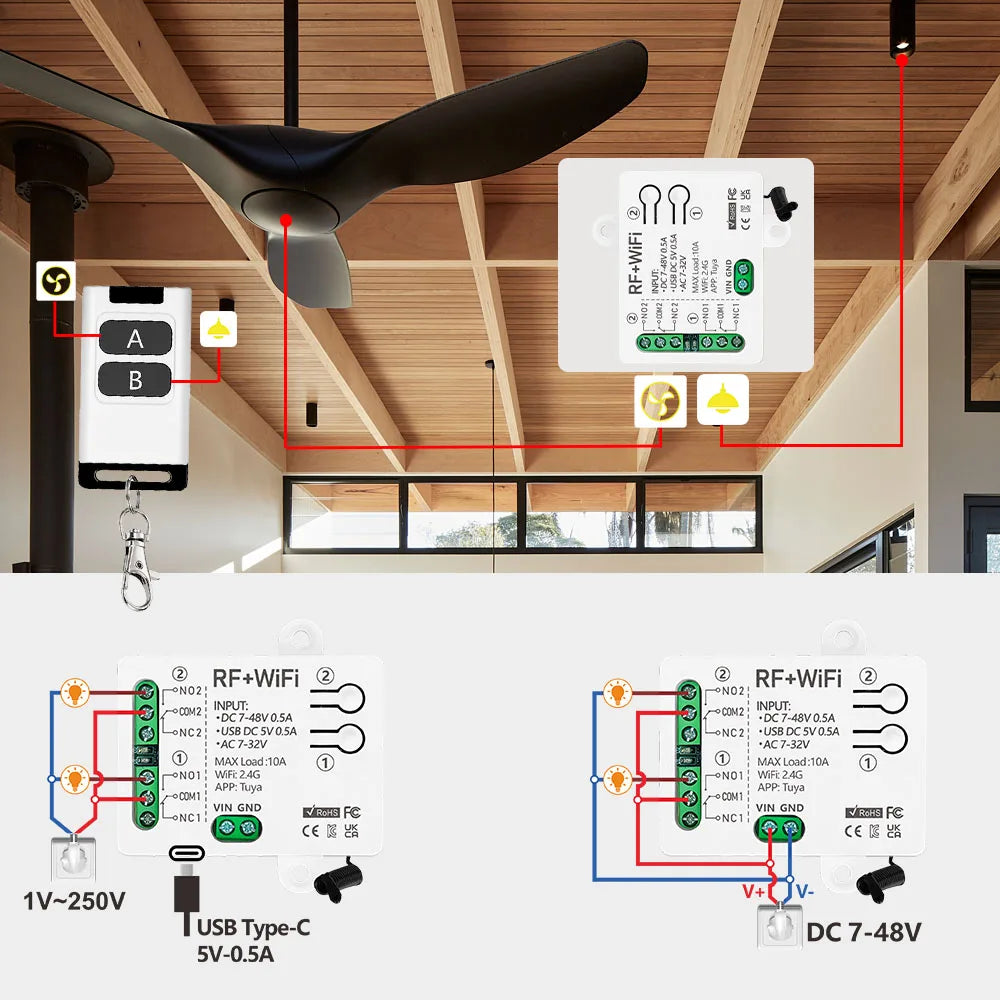 Tuya WiFi Smart Switch DC 12V 24V 2Channels Dry Contact Relay Receiver Wireless Remote Control Switch work with Smart Life,Alexa