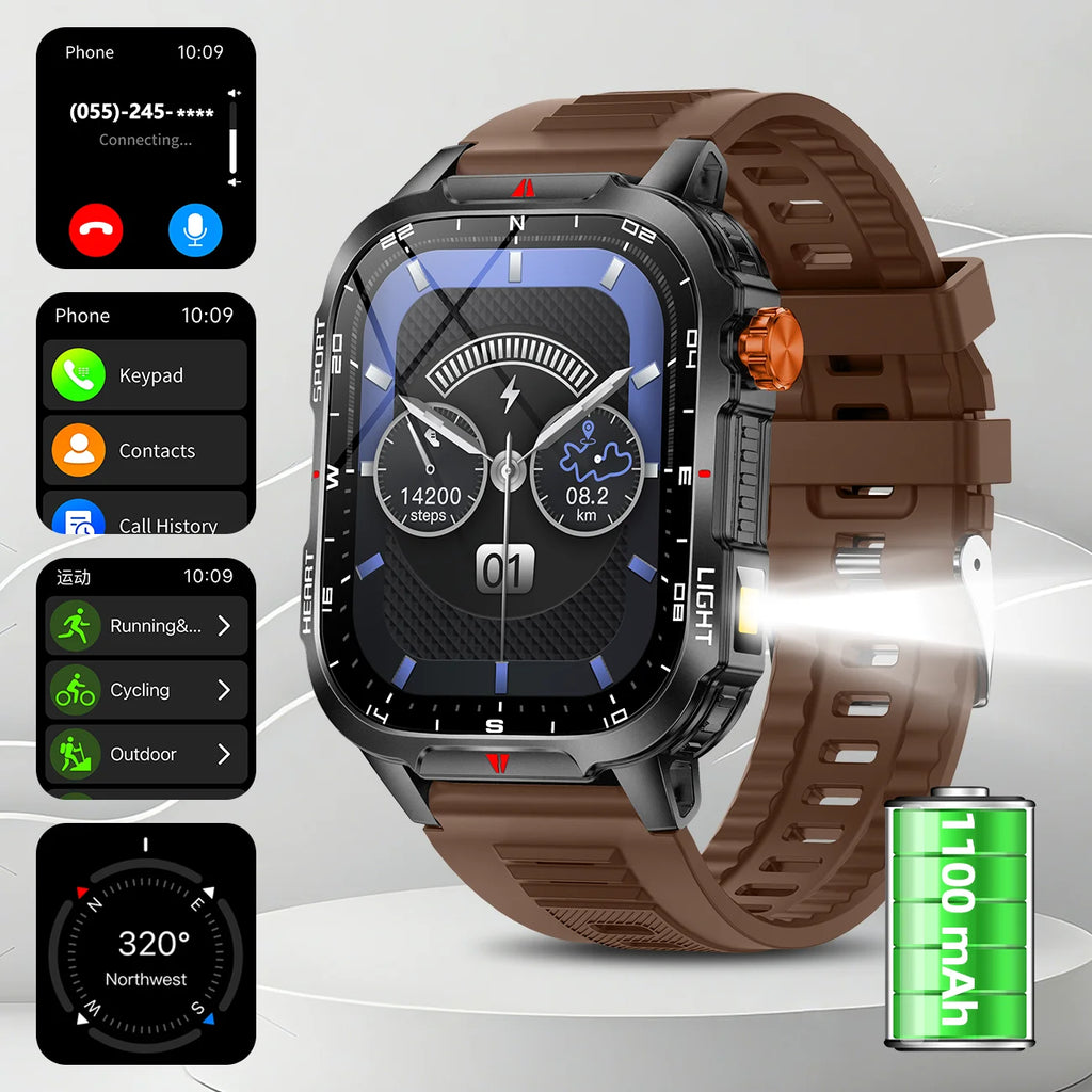 2025 Global Hiking Smartwatch 2.01''Screen 1100mAh Battery LED Light Compass IP68 Voice Assistant Outdoor Sport  Fitness Watch