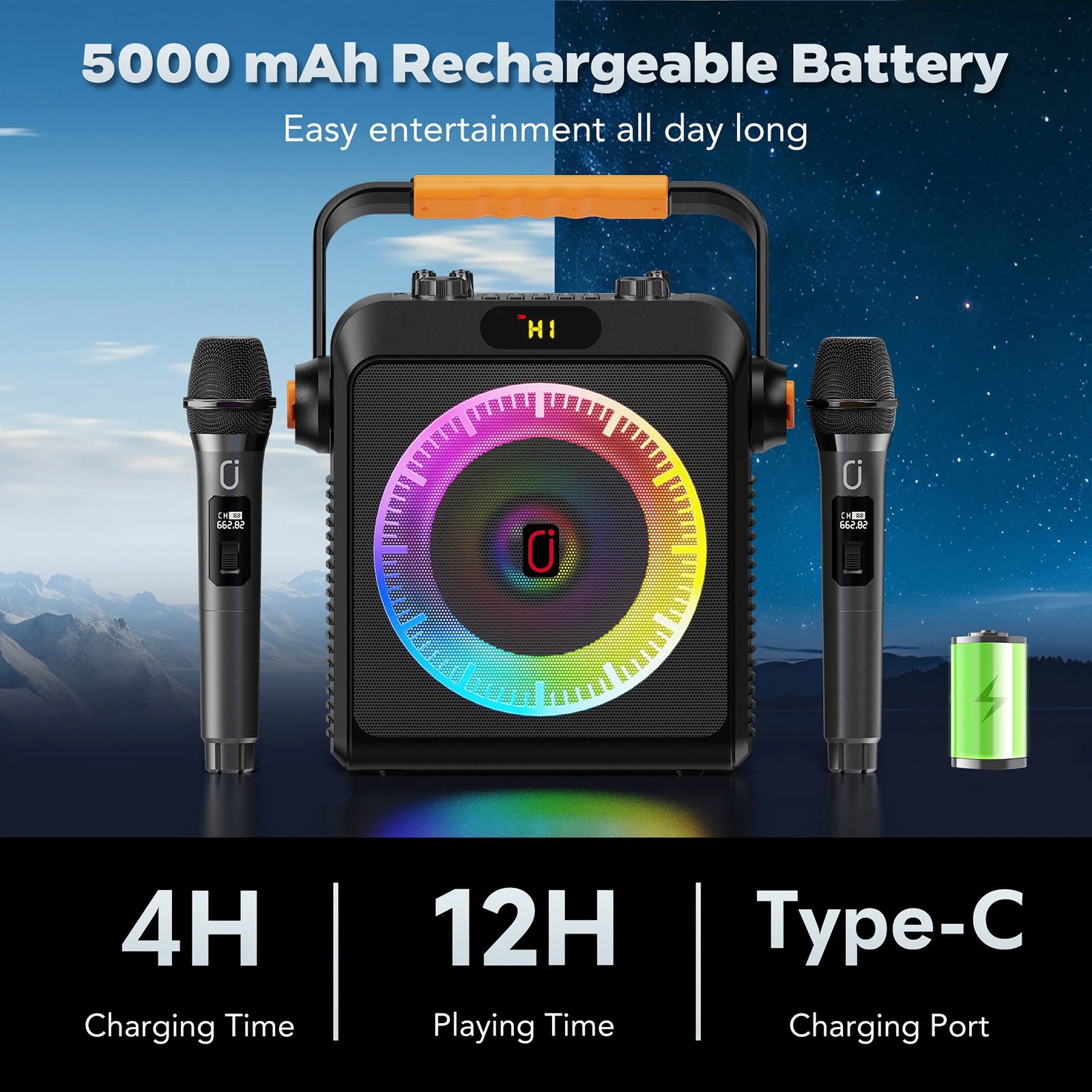 T19-T Karaoke machine with 2 wireless microphones, black Karaoke speakers with bass/treble adjustment