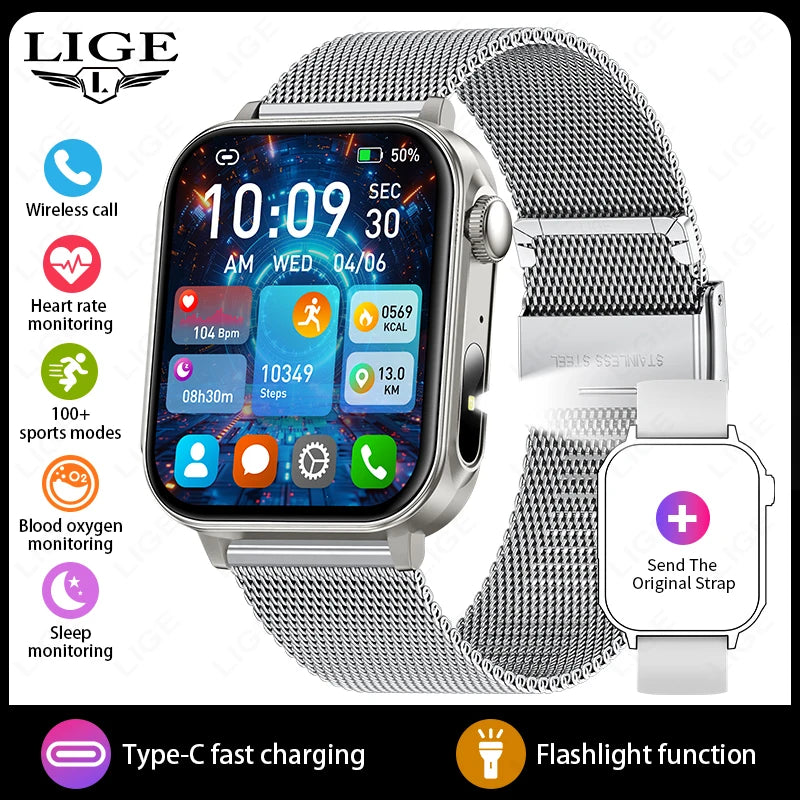 LIGE Type-C Fast Charging Smart Watch Men Women Bluetooth Call Watches LED Flashlight Waterproof Sports Fitness Smartwatch 2025