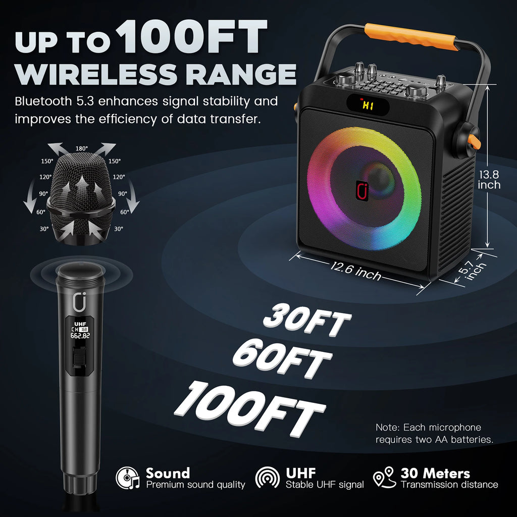 T19-T Karaoke machine with 2 wireless microphones, black Karaoke speakers with bass/treble adjustment