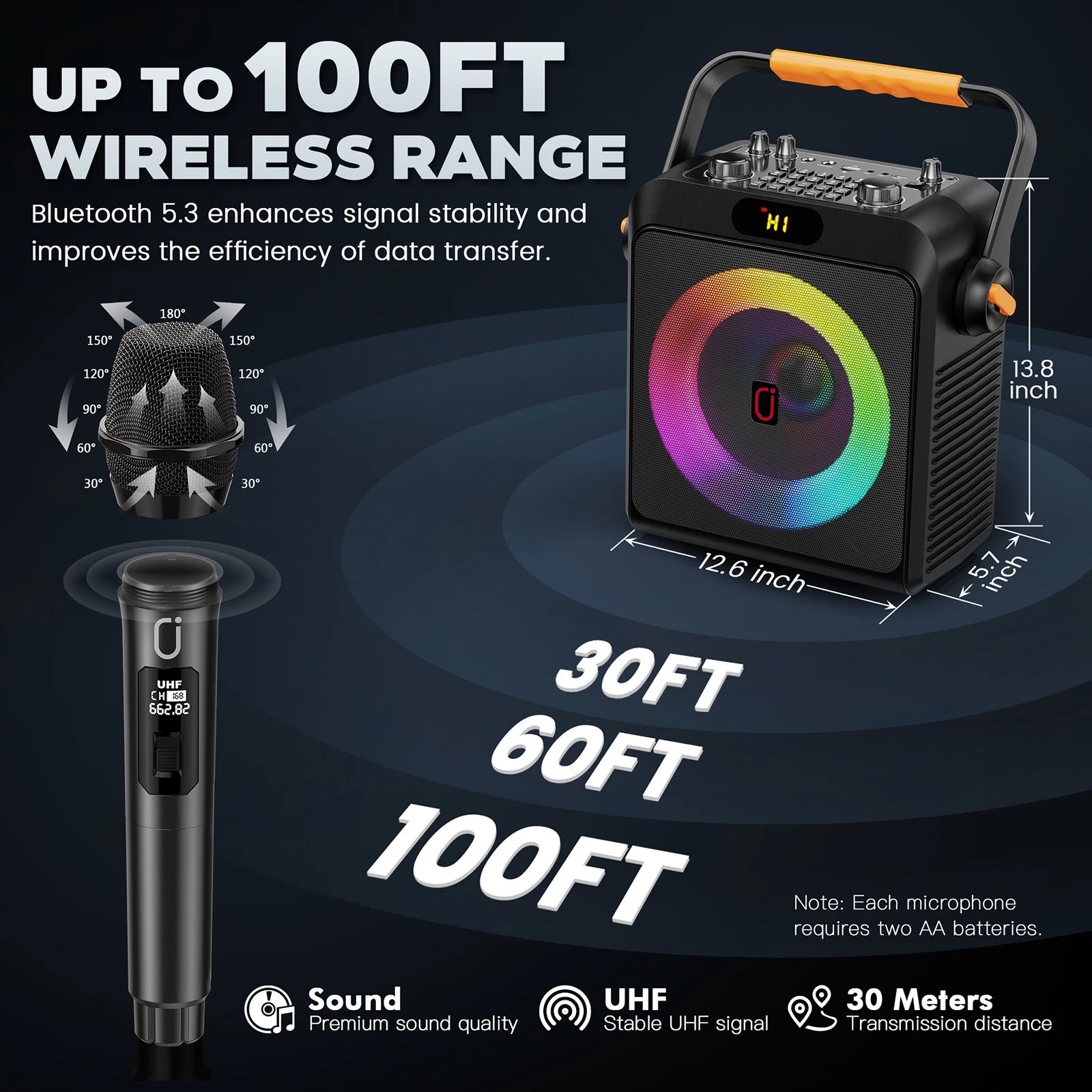 T19-T Karaoke machine with 2 wireless microphones, black Karaoke speakers with bass/treble adjustment