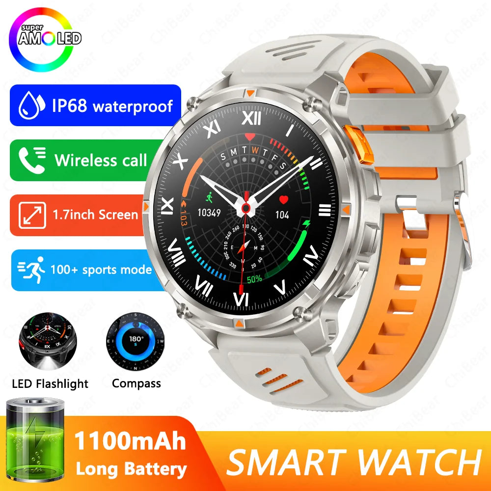 1100mAh Battery Smart Watch 1.7 Inch 360*360 AMOLED HD Screen Men Watch Compass 1ATM Waterproof Bluetooth Call Sports Smartwatch