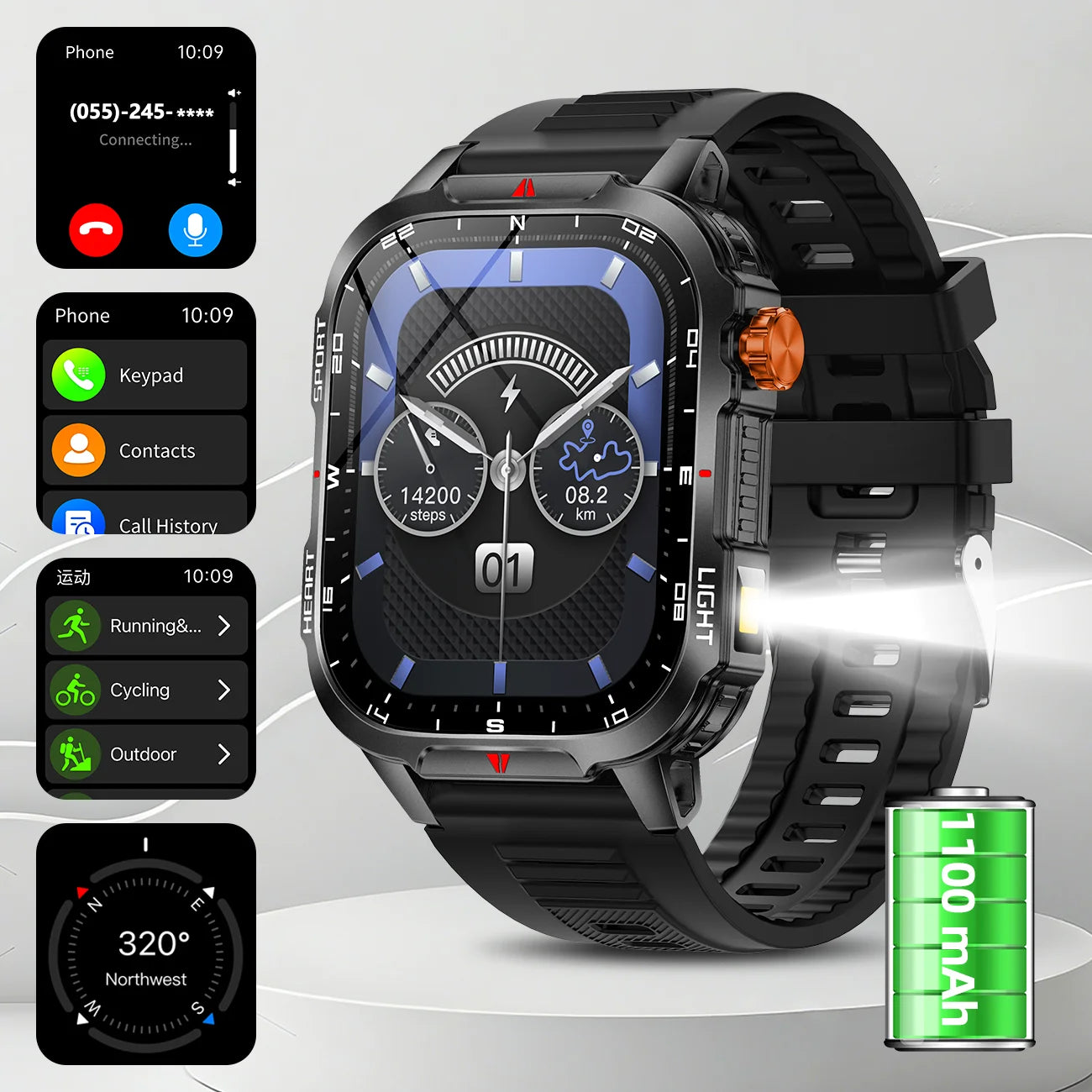 2025 Global Hiking Smartwatch 2.01''Screen 1100mAh Battery LED Light Compass IP68 Voice Assistant Outdoor Sport  Fitness Watch