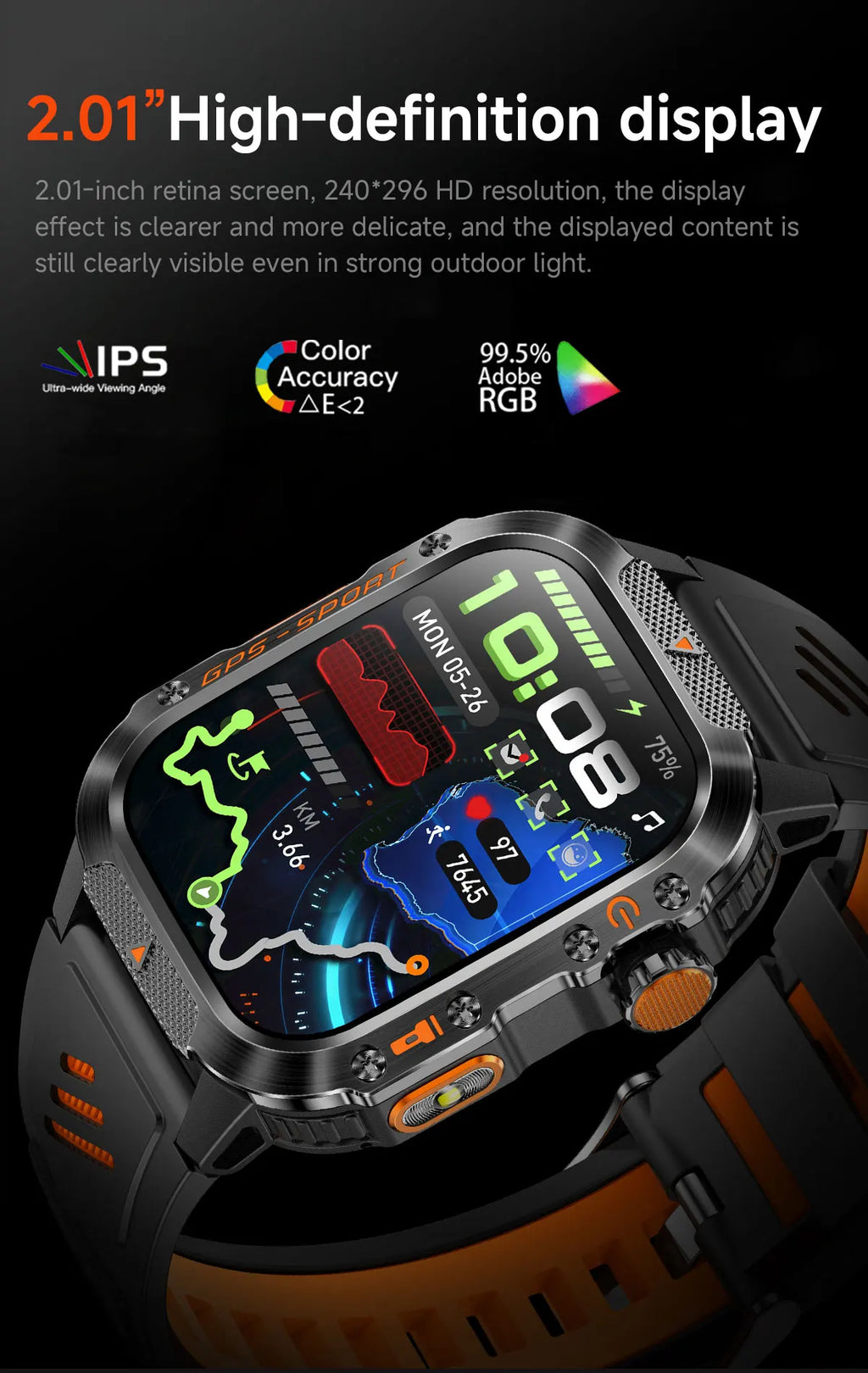 New Military Outdoor Sports GPS Smart Watch Men Built-in GPS Compass 10ATM Waterproof Swim Heart rate Bluetooth Call SmartWatch - Clear Quartz Market