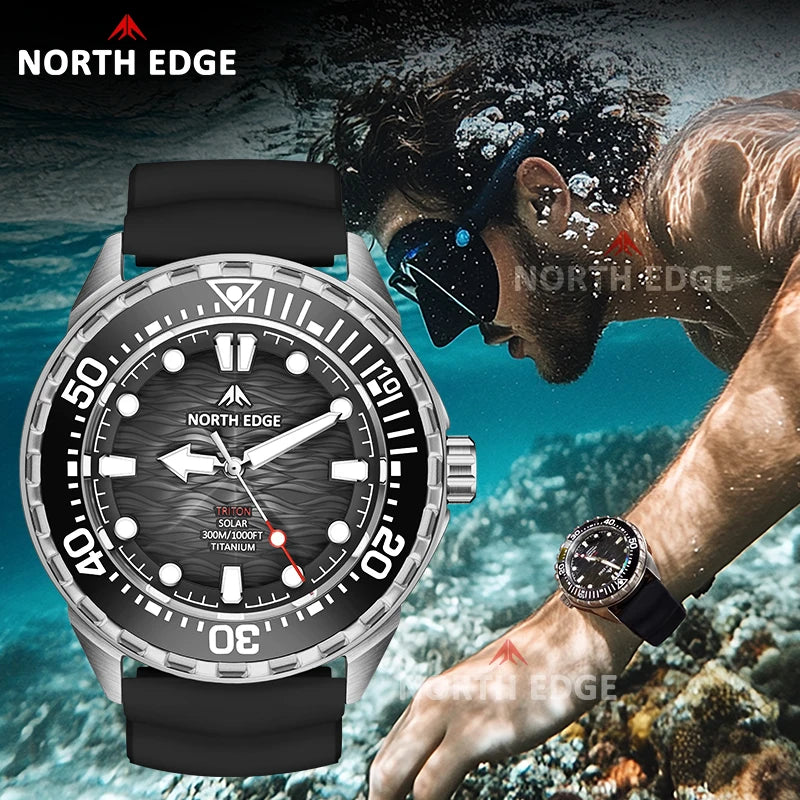 NORTH EDGE TRITON-Ti Solar Powered Dive Watch Titanium Alloy Case Men Luxury Quartz Watches For Men Waterproof 300M