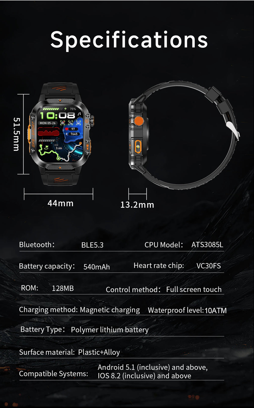 New Military Outdoor Sports GPS Smart Watch Men Built-in GPS Compass 10ATM Waterproof Swim Heart rate Bluetooth Call SmartWatch - Clear Quartz Market