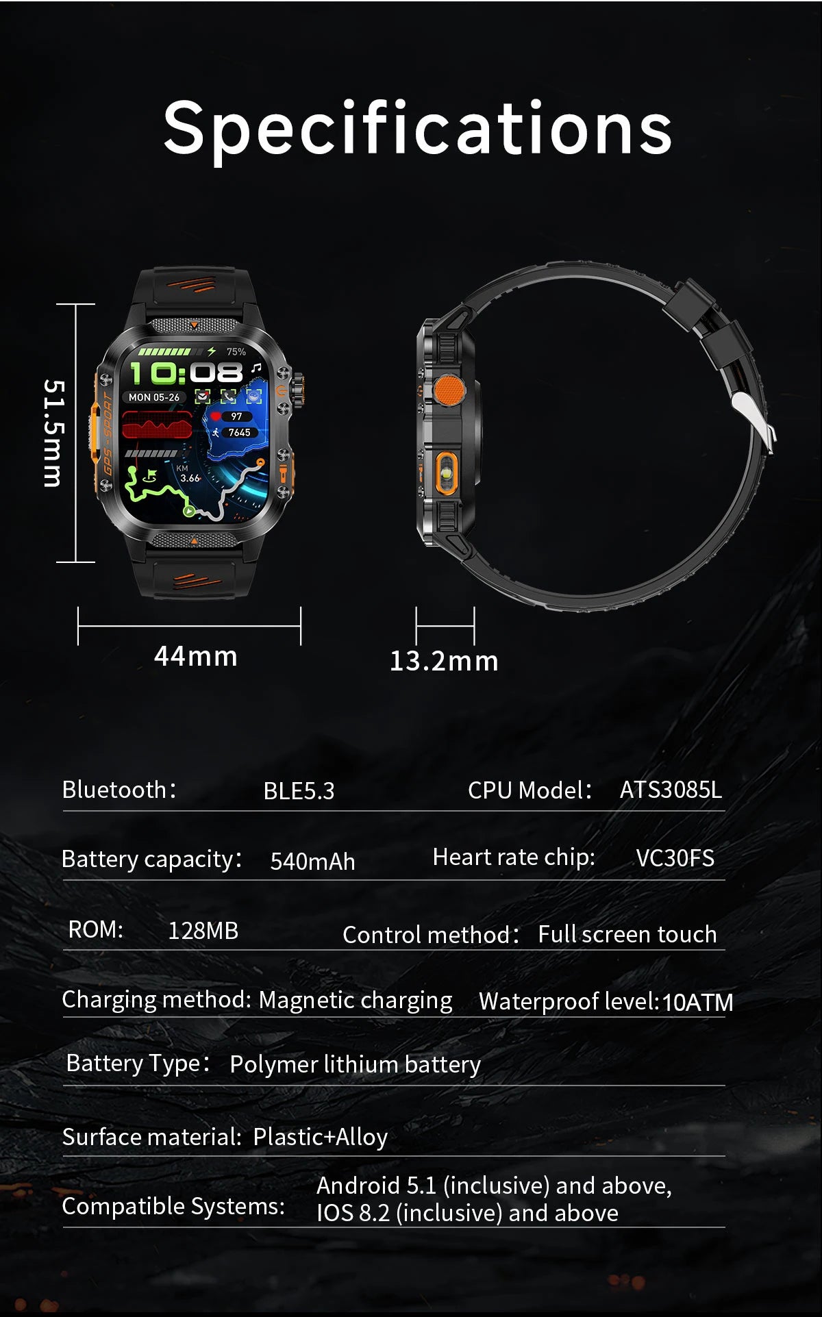 New Military Outdoor Sports GPS Smart Watch Men Built-in GPS Compass 10ATM Waterproof Swim Heart rate Bluetooth Call SmartWatch - Clear Quartz Market