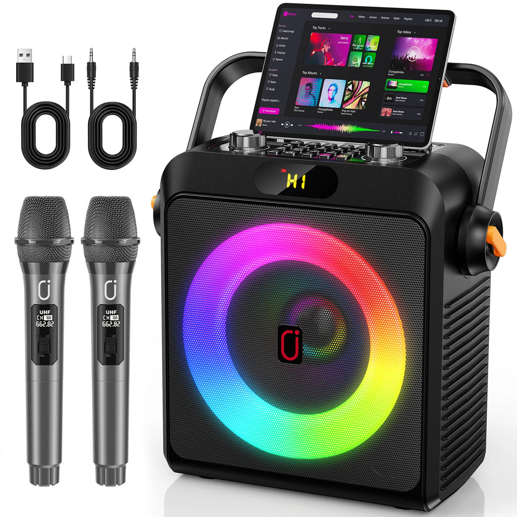 T19-T Karaoke machine with 2 wireless microphones, black Karaoke speakers with bass/treble adjustment
